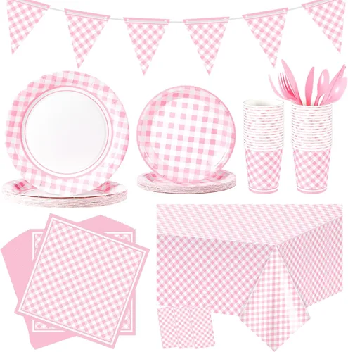 Preboun 198 piezas de suministros de fiesta a cuadros para 24 invitados, mantel a cuadros, banderín, placa, servilleta y cubiertos para picnic, Rosa