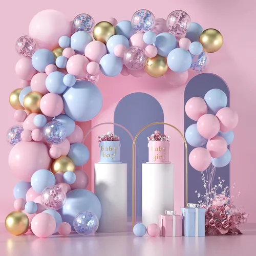 Kit de arco de guirnalda de globos de color rosa claro y azul, 130 unidades de 5+12+18 pulgadas, globos de látex dorado con confeti rosa y azul,
