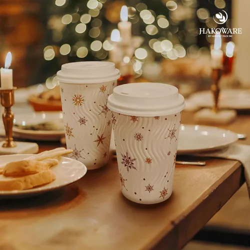 Miniatura 5 de Harvest Pack - Juego de 100 tazas de café desechables de Navidad de 12 onzas con tapas, tazas de papel caliente aisladas con copos de nieve blancos