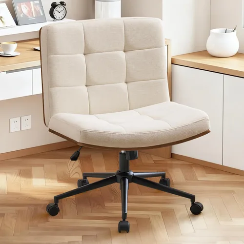 Miniatura 10 de Furnimart Silla de escritorio curvada de madera FSC de alta resistencia, giratoria de 360°, silla cruzada de felpilla de alta calidad con ruedas