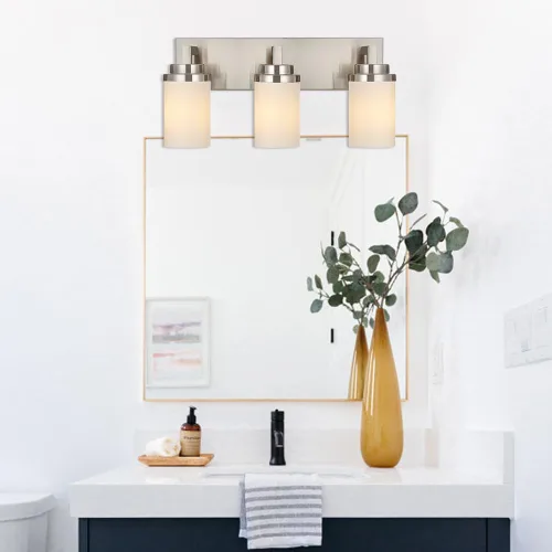 Miniatura 2 de TODOLUZ Lámpara de baño de 3 luces con pantallas de vidrio blanco ópalo, iluminación moderna de baño sobre espejo de níquel cepillado para cocina