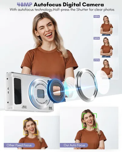 Miniatura 2 de Cámara digital 4K, cámaras de enfoque automático de 48 MP para fotografía, cámara compacta de vlogging con cámara frontal y trasera, cámaras de Beige