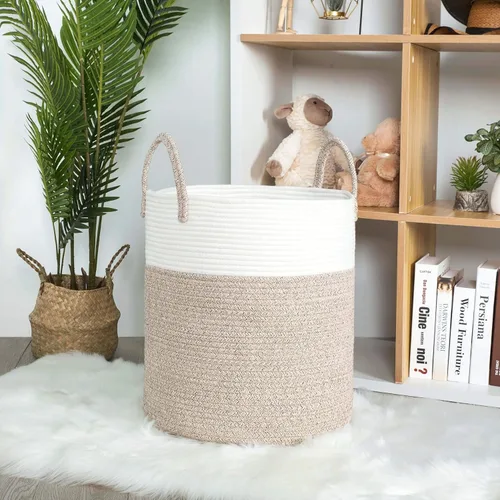 Miniatura 3 de MINTWOOD Design Cesta decorativa grande de cuerda de algodón tejida de 18 x 16 pulgadas, canasta alta para ropa sucia, canasta para sala de estar