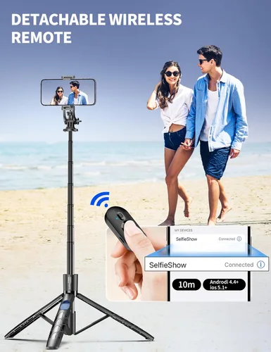 Miniatura 4 de Trípode de aluminio de 71" para teléfono, trípodes de viaje para iPhone con control remoto, trípode de selfie para celular extensible compatible