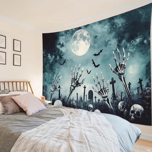 Miniatura 43 de HVEST Tapiz de Halloween de luna llena, lápida de cuervo negro, árbol muerto, tapiz para dormitorio, cementerio gris aterrador, bosque, decoración
