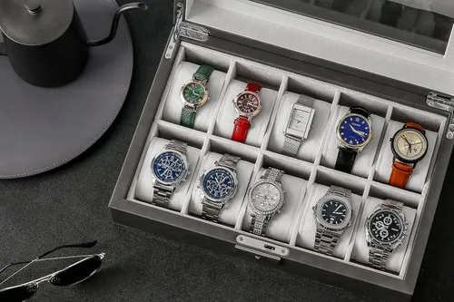 Miniatura 7 de GUKA Caja de 10 ranuras para reloj, vitrina organizadora de cristal real, con estuche de lujo para hombres y mujeres, regalo