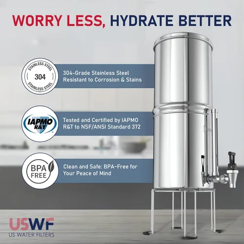 Miniatura 4 de Sistema de filtro de agua alimentado por gravedad USWF, 2.25 galones de acero inoxidable, con 2 filtros de carbón, 2 filtros de flúor, portátil
