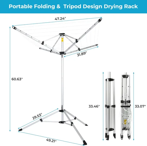 Miniatura 3 de JS HANGER Tendedero portátil de aluminio de 4 brazos con estaca de tierra, bolsa de transporte, 28 líneas con tendedero para paraguas de 65 pies