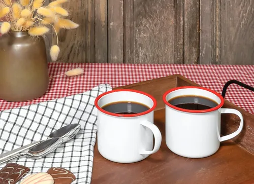 Miniatura 4 de Red Co. Juego de 6 tazas redondas de café y té de metal esmaltado de 12 onzas con asa, borde blanco y rojo sólido