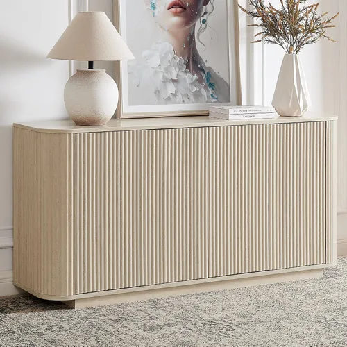Miniatura 13 de LKTART Aparador de 64 pulgadas con almacenamiento, armario de almacenamiento de madera acanalada, aparador Credenza con estantes ajustables, resorte
