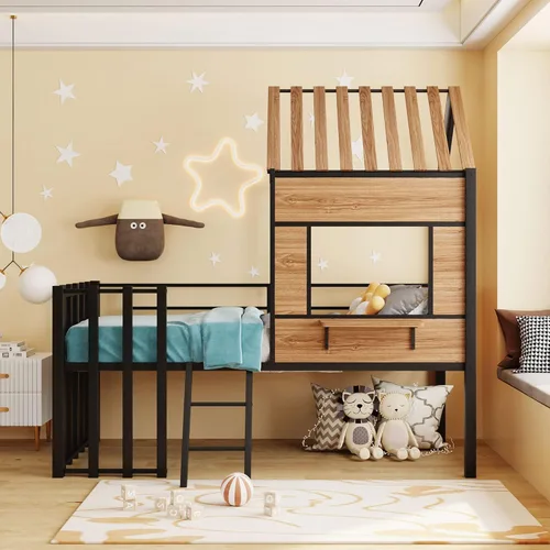 Miniatura 3 de Harper & Bright Designs Cama tipo loft con techo y escalera integrada, cama alta de metal tamaño individual con ventana y valla de seguridad