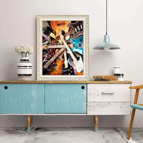 Miniatura 8 de Pintura de diamantes, guitarra eléctrica rodeada de fondo de relámpagos, arte para adultos relajarse y decoración de pared del hogar, regalo