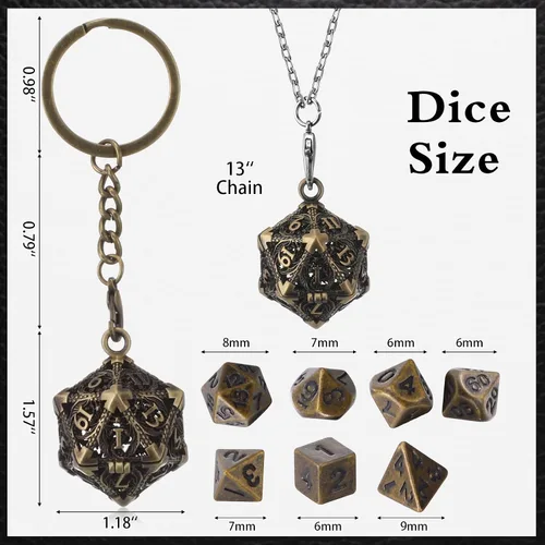 Miniatura 3 de Syhood Juego de dados pequeños, 7 piezas de dados pequeños de metal hueco D20, estuche para collar, llavero, juegos de mesa para juegos de rol