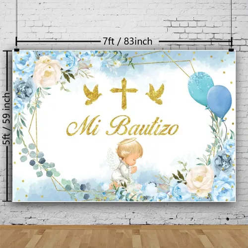 Miniatura 2 de Telón de fondo de bautismo, 7 x 5 pies, diseño de hojas de eucalipto florales azules y rosas, fondo de fotografía con tema de ángel, decoración