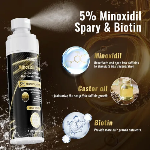 Miniatura 2 de Spray de minoxidil al 5% para hombres y mujeres (suministro de 4 meses) - Spray para crecimiento del cabello de fuerza extra con biotina y aceite