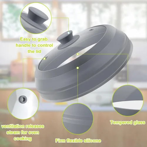 Miniatura 6 de Cubierta de salpicaduras de microondas para alimentos, cubierta de microondas de vidrio de 10.5 pulgadas con borde de silicona plegable, cubierta