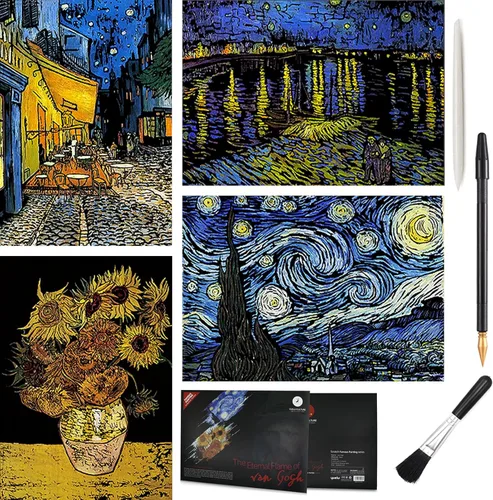 4 piezas de papel de pintura de arco iris para rascar, juego de arte y manualidades de Vincent Van Gogh, tarjeta de dibujo de bricolaje para estrella