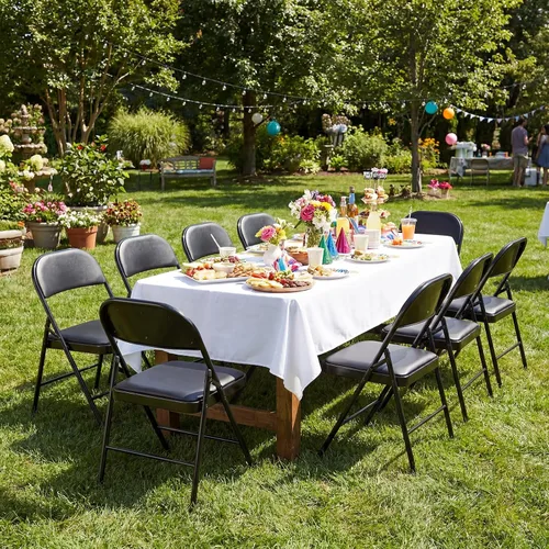Miniatura 2 de DUMOS Paquete de 4 sillas plegables acolchadas de cuero, asiento comercial apilable portátil para interiores y exteriores, con marco de acero, Negro