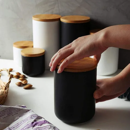 Miniatura 6 de MilkyWay Tarro de Almacenamiento de Alimentos Recipientes de Almacenamiento de Cerámica Fuerte con Sello Hermético Tapa de Bambú Diseño Moderno