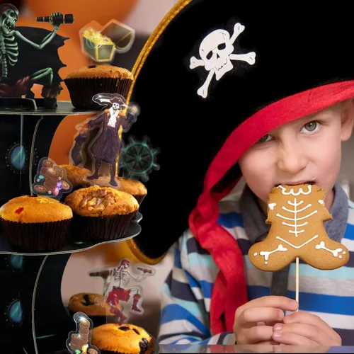 Miniatura 5 de Cheerland 24 piezas de decoración de esqueletos piratas para magdalenas, Halloween, caribeño, pirata, decoración de tartas, calavera, esqueleto