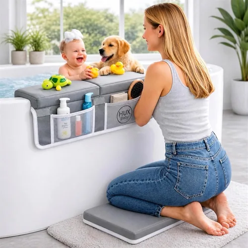 Miniatura 10 de Cómodo juego de rodilleras y coderas de baño para bebé, almohadilla antideslizante para bañarse, tapete acolchado para bañera, coderas, bolsillos
