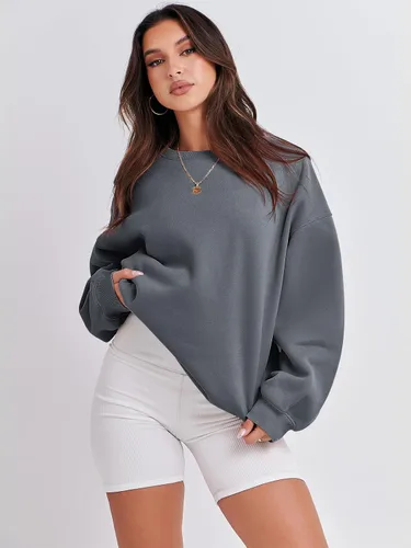 Miniatura 6 de ANRABESS Sudadera de manga larga para mujer, casual, cuello redondo, ajuste holgado, sudadera con capucha de forro polar para otoño
