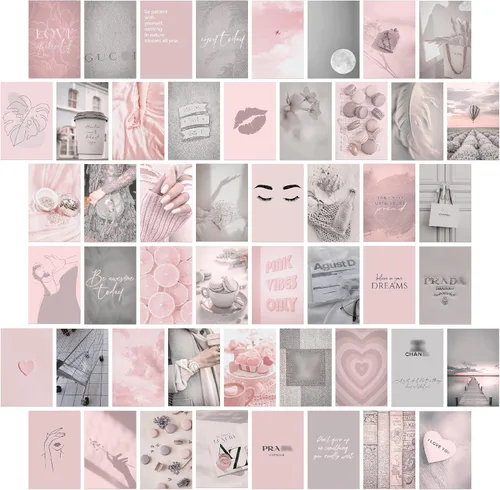 Miniatura 7 de KONGSY Kit de collage de pared rosa (50 piezas, 4 x 6 pulgadas), decoración de habitación rosa y gris para niñas, decoración de pared