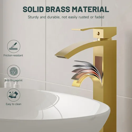Miniatura 4 de Grifo de lavabo de vaso en oro cepillado, grifos de baño estilo cascada, grifos de baño de una sola manija y un solo agujero de boquilla alta