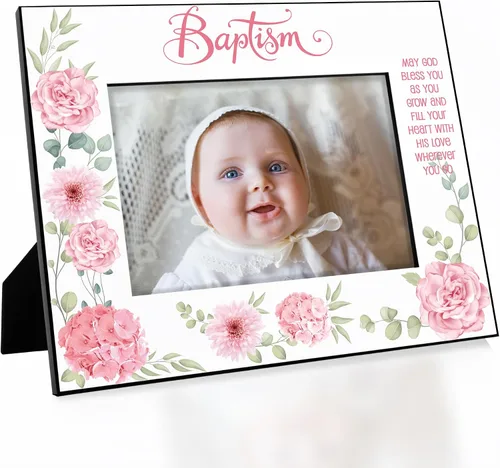Miniatura 8 de KATE POSH Marco de fotos de bautismo para niña, decoración de flores rosas, bautizo, regalo religisoso, de padrinos, bebé nuevo (4 x 6 horizontal)