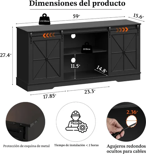 Miniatura 2 de Soporte de TV de granja para TV de 55, 60 y 65 pulgadas, mueble de TV moderno de mediados de siglo con almacenamiento y puertas corredizas