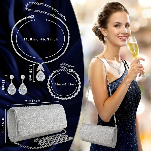 Miniatura 2 de Juego de 4 piezas de plata para mujer, bolso de mano brillante con diamantes de imitación, bolso de mano para regalo de fiesta de boda, plateado