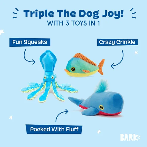 Miniatura 2 de Barkbox Paquete Bajo el Mar – 3 juguetes para perros medianos y grandes – Juguete chirriante para perro, juguete de tirar, juguetes de peluche