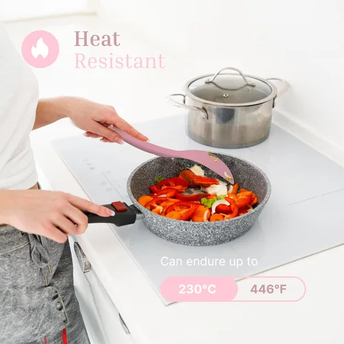 Miniatura 5 de Juego de 4 utensilios de silicona – Espátula de goma, cepillo de repostería, espátula ranurada y paleta de arroz – Juego completo resistente al Rosa