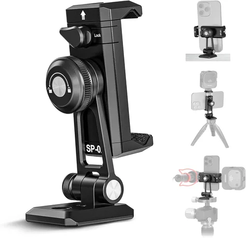 Miniatura 11 de Adaptador de montaje de trípode para teléfono Neewer con base tipo Arca QR, zapata fría, agujeros de 1/4" y 3/8", giro de 360° y inclinación