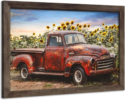 Miniatura 12 de Lienzo decorativo para pared de automóvil oxidado: cuadros de camiones viejos impresos en lienzo para dormitorio