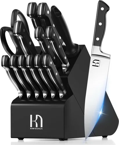 KnifeSaga Juego de cuchillos, juego de 15 piezas de bloque de cuchillos de cocina, juego de cuchillos de chef japoneses de alta carbono de acero