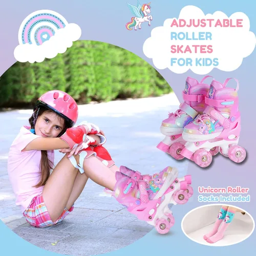 Miniatura 2 de Patines de ruedas para niñas de 3 a 12 años, patines ajustables con luz para niños pequeños, principiantes, unicornio, sirena, arco iris, regalo Rosa