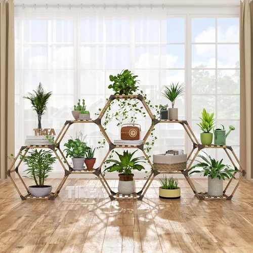Miniatura 15 de Tikea Soporte para plantas para interiores y exteriores, soporte hexagonal para múltiples plantas, estante grande de madera para plantas, 7 niveles