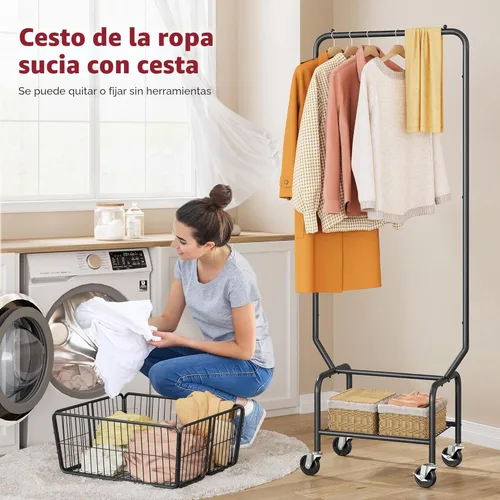 Miniatura 2 de Carro de lavandería Tajsoon con estante colgante, canasta de lavandería de metal con ruedas, cesta de lavandería con canasto de almacenamiento