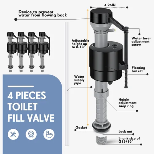 Miniatura 2 de Lasnten Kit de reemplazo de válvula de llenado de inodoro de 4 piezas, kit de reemplazo de válvula para control de agua de tanque y tazón
