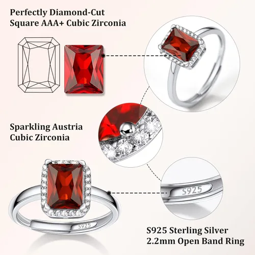 Miniatura 4 de 925 Sterling Silver Birthstone Rings for Women Girls with Clear 2ct HeartRoundTeardropSquare Crystal, Solitaire Diamond Halo Open Bands Cubic