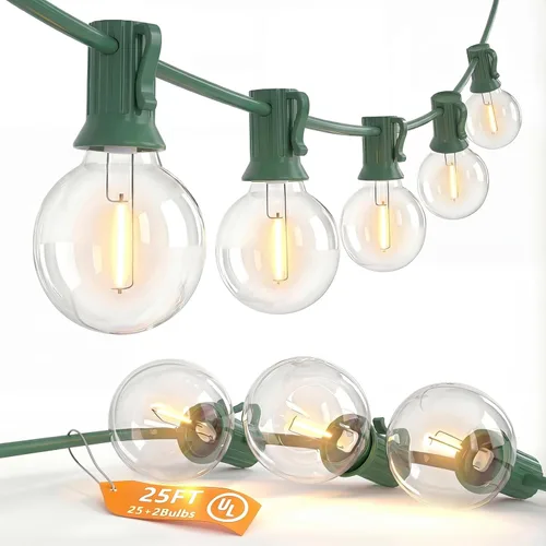 SUNSGNE Luces Redondas de Navidad de 25 Pies para Exteriores, Cadena de Luces Globo G40 con 27 Luces LED Transparentes (2 de Repuesto), Cadena de