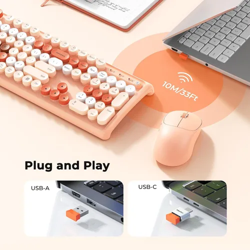 Miniatura 2 de Coloridos teclados inalámbricos de computadora, mouse combinados, teclado retro de tamaño completo, mouse inalámbrico ajustable DPI de 4 niveles