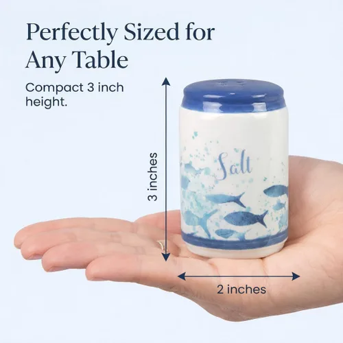 Miniatura 3 de Beachy Blue Fish & Ocean Waves - Salero y pimentero de cerámica Decoración funcional pintada a mano en azul y blanco costero para cocina y comedor
