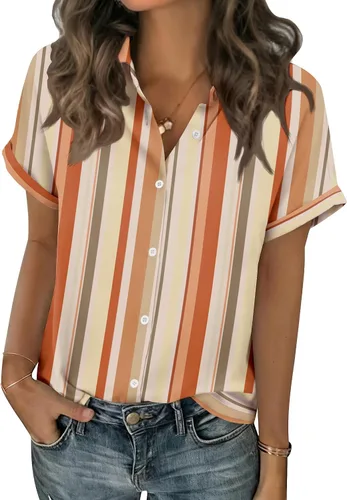 Miniatura 11 de Zeagoo Blusas de verano de manga corta para mujer, camisas casuales con botones, blusas de trabajo de negocios sólidas/a rayas