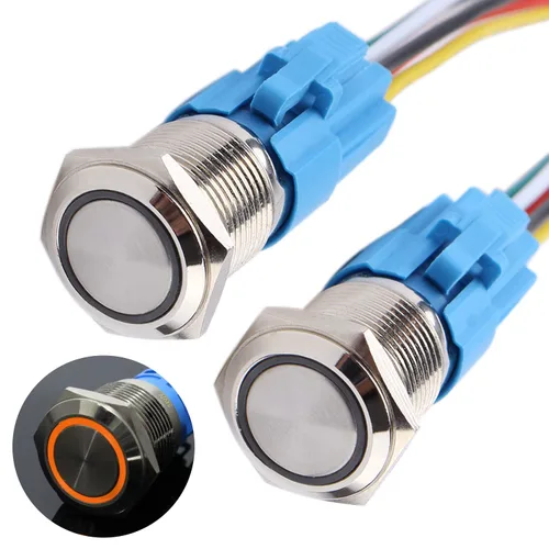 Miniatura 15 de 2 interruptores de botón de bloqueo de 0.630 in 12V-24V 1NO 1NC impermeable IP66 botón de metal autobloqueante para orificio de montaje de 5/8