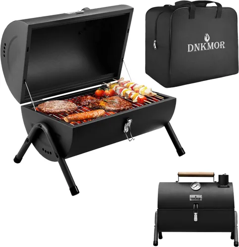 DNKMOR NEGRO - Parrilla de carbón portátil, ahumador de barbacoa al aire libre, parrilla pequeña para cocinar al aire libre, patio trasero,