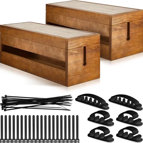 Hoteam Caja organizadora de cables de madera, juego de 48 unidades, organizador de cables, soporte para regletas de alimentación, clip para ocultar,