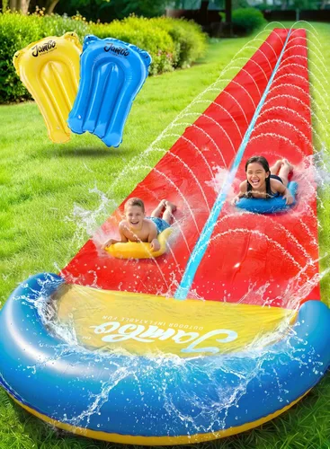 Miniatura 10 de JAMBO 7.3 metros XL Tobogán, Resbaladilla y Aspersor y 2 Tablas de Bodyboard, Tobogán de Agua para Césped de Alta Resistencia, Juguete de Agua