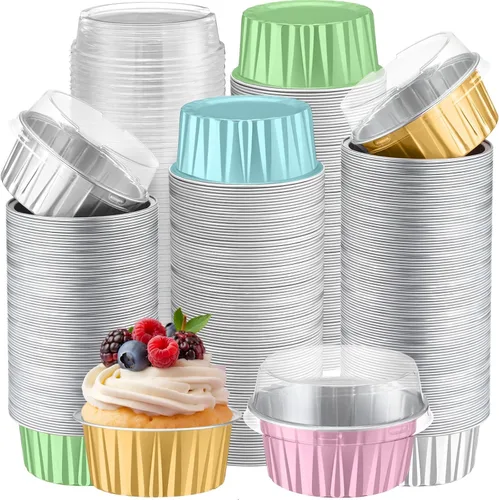 Miniatura 42 de Gejoy 400 Piezas Moldes de Papel de Aluminio para Hornear con Tapas 5 oz Moldes Desechables Ramekins Mini Moldes para Pasteles Crème Brûlée Moldes